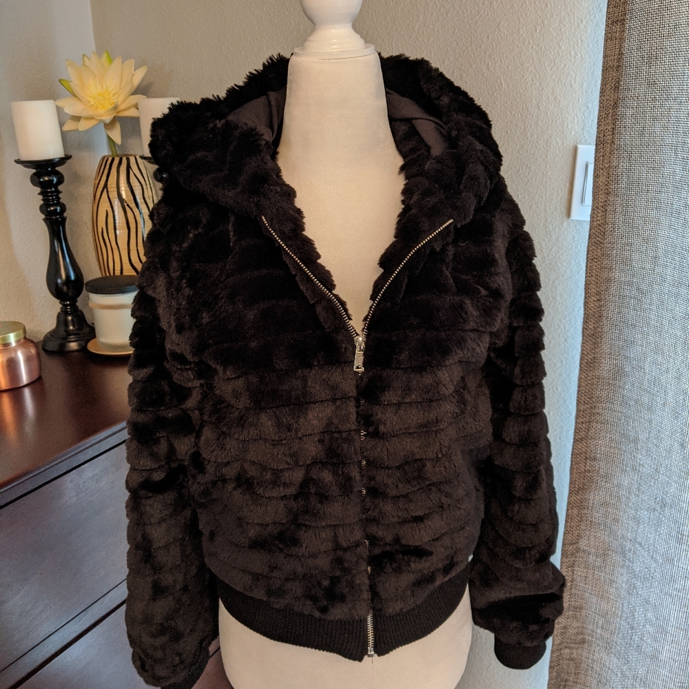 Black faux fur bomber jacket, Small